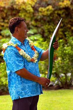 As the Queen’s Baton arrives in the Cook Islands and travels around the capital, Rarotonga it is welcomed by the Queen's Representative, Sir Frederick Goodwin.